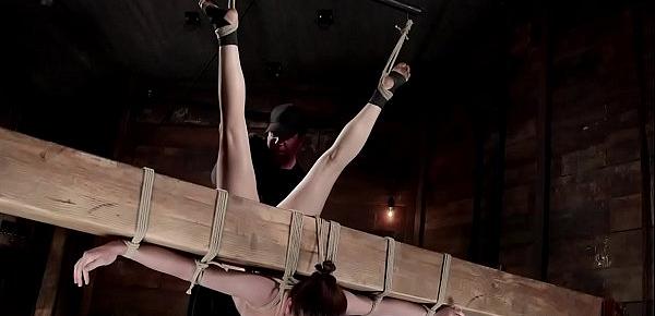  Slut in extreme hogtie hanged and whipped